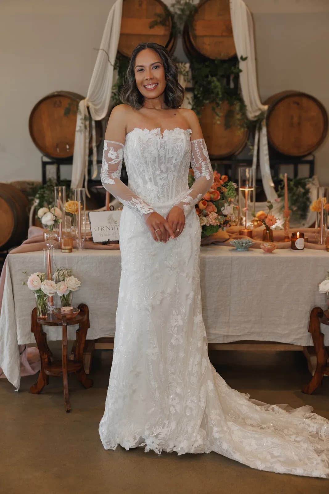 Off-the-shoulder wedding dress at Pennsylvania bridal show